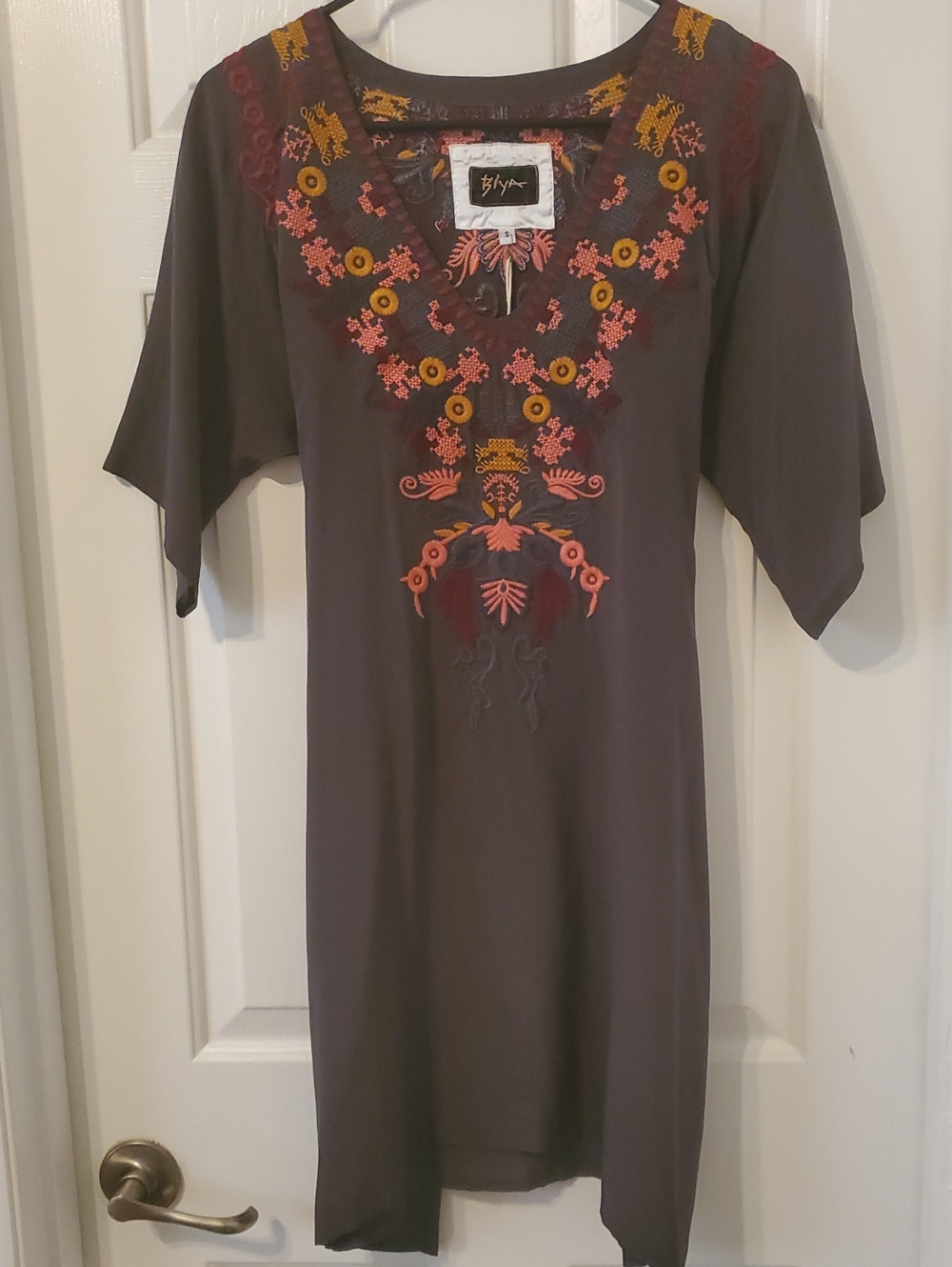 Biya Charcoal Embroidered V-Neck Tunic Top